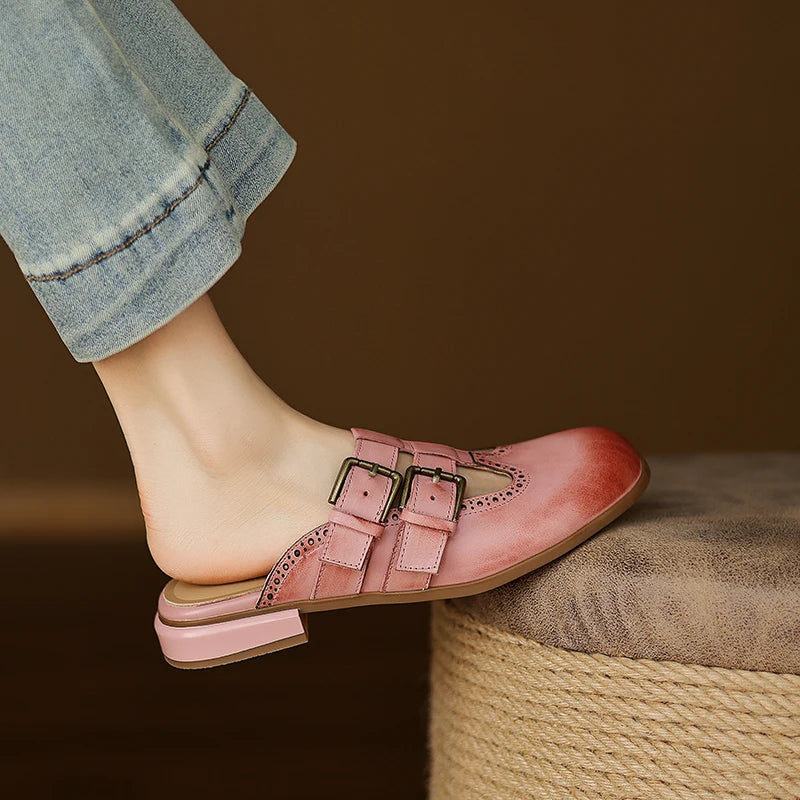 New Fashion Sandal Women Pumps Shoes Sexy Slingback Heels Retro Leather Party Casual Summer Round Toe Shoes Mueller Slippers