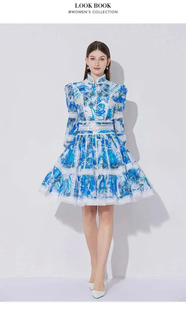 Elegant Long Sleeve Floral Short Dresses Shirt For Women Summer Autumn Holiday Hollow Out Printed Party Dress