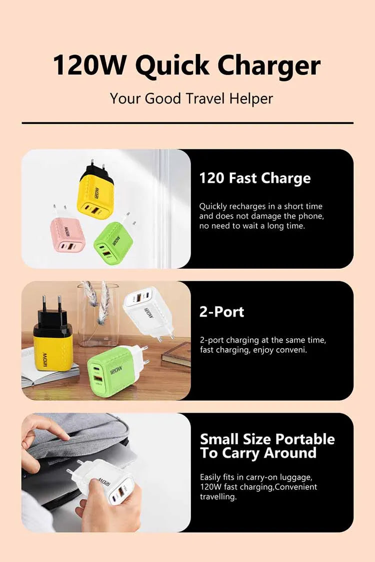 120W Charger USB C Fast Charger For iPhone Xiaomi Samsung Oneplus Phone Adapter 2 Ports QC3.0 Fast Charging PD Charger Adapter