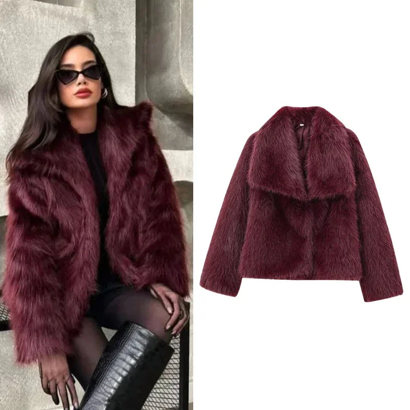 2025 New  Women's Fur Coat Women Plush Burgundy Bomber Jacket Solid Crop Long Sleeve Jacket Warm Winter Coats Woman Casual Coats