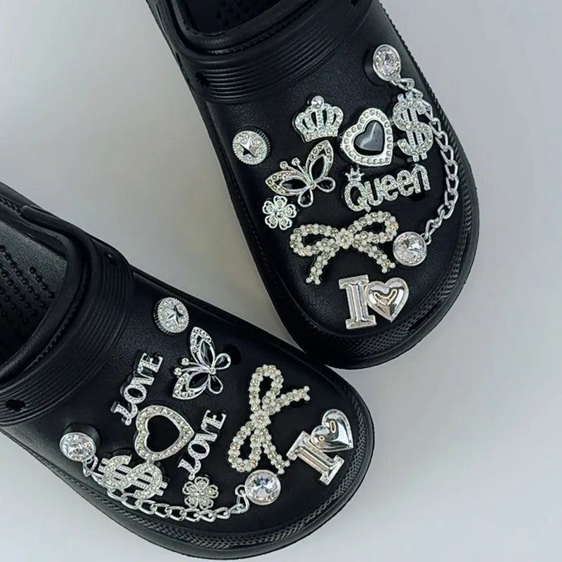 20PCS Fashion Shoe Charms Set Accessories Hole Shoe Buckle Silver Rhinestone Letter Bow Chain DIY Shoes Decorations for Bogg Bag