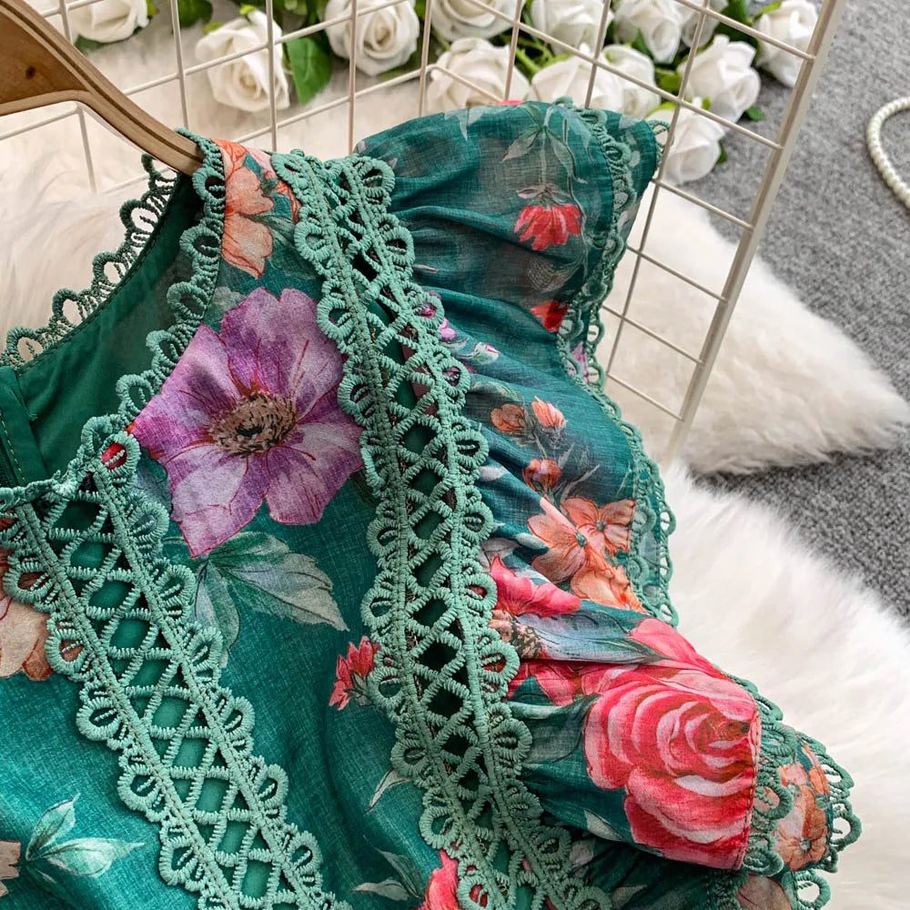 Ele Lace Splice Waist Cinching Long Dr Korean Sle Print Blouse Svel Midi Skirt High Waist A-Line Silhouette