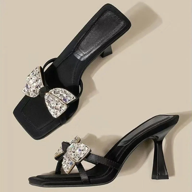 Summer New Stiletto Sandals Square Head Open Toe Sequin Butterfly Knot Thin Strap Anti-slip Wear-resistant High-heeled Slippers