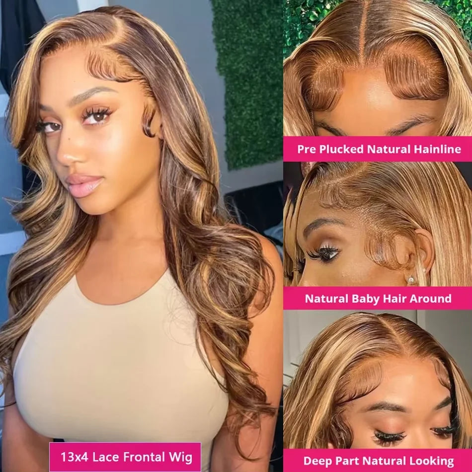 13x6 Closure Wig Highlight Ombre Body Wave HD lace front human hair wig for Women P4/27 Blonde Wig Pre Plucked With Baby Hair