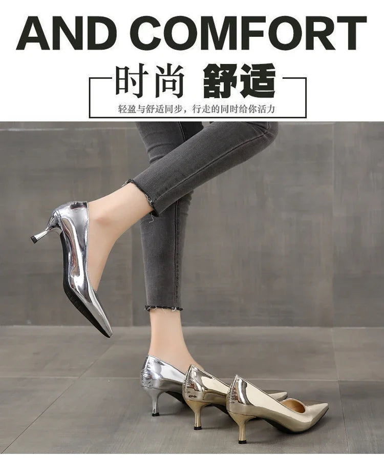 2024 New Lady Pointe Toe Gold Silver Pumps Female Wedding Bridal Shoes  Fashion Women Patent Leather High Heels Plus Size 45