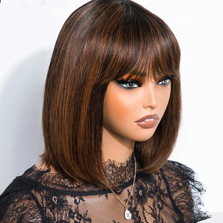 Brown Highlight Put On 100% Human Hair and Go Realistic Yaki Straight Short Bob with Bangs Minimalist Lace  Human Hair Wig