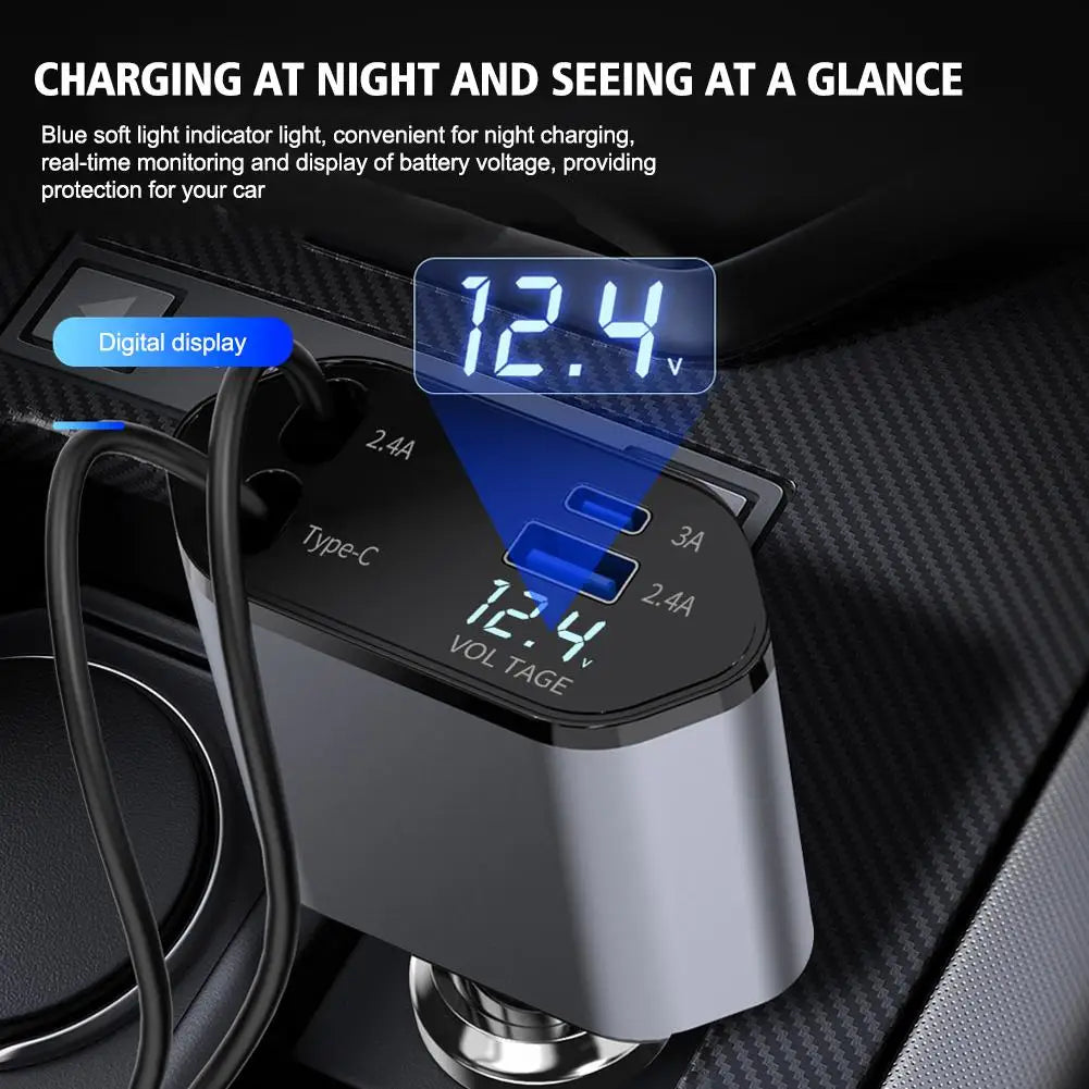 100W Car Charger Dual Type-c Interface Fast Charging The Two Supports Same Devices At Design Time Retractable Charging Tool
