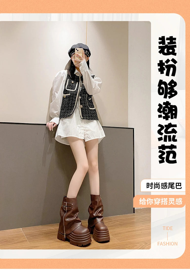 10CM Winter Warm Chunky Short Boots Women High Heels New Mid Calf Leather Sneakers Trend Buckle Motorcycle Boots Fur Snow Shoes