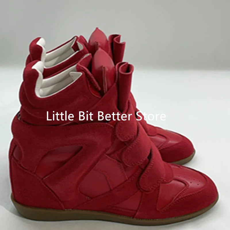 A Genuine Leather Casual Shoes Women's 2026 Summer Breathable Hollow Hidden Wedges Sneakers Hook Loop Trainers High Top