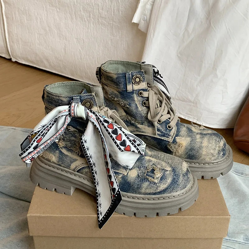 Women's Boots  New Thick Sole Breathable Ribbon Strap Short Boots Anti Slip Lace-up Height Increasing Fashion Boots