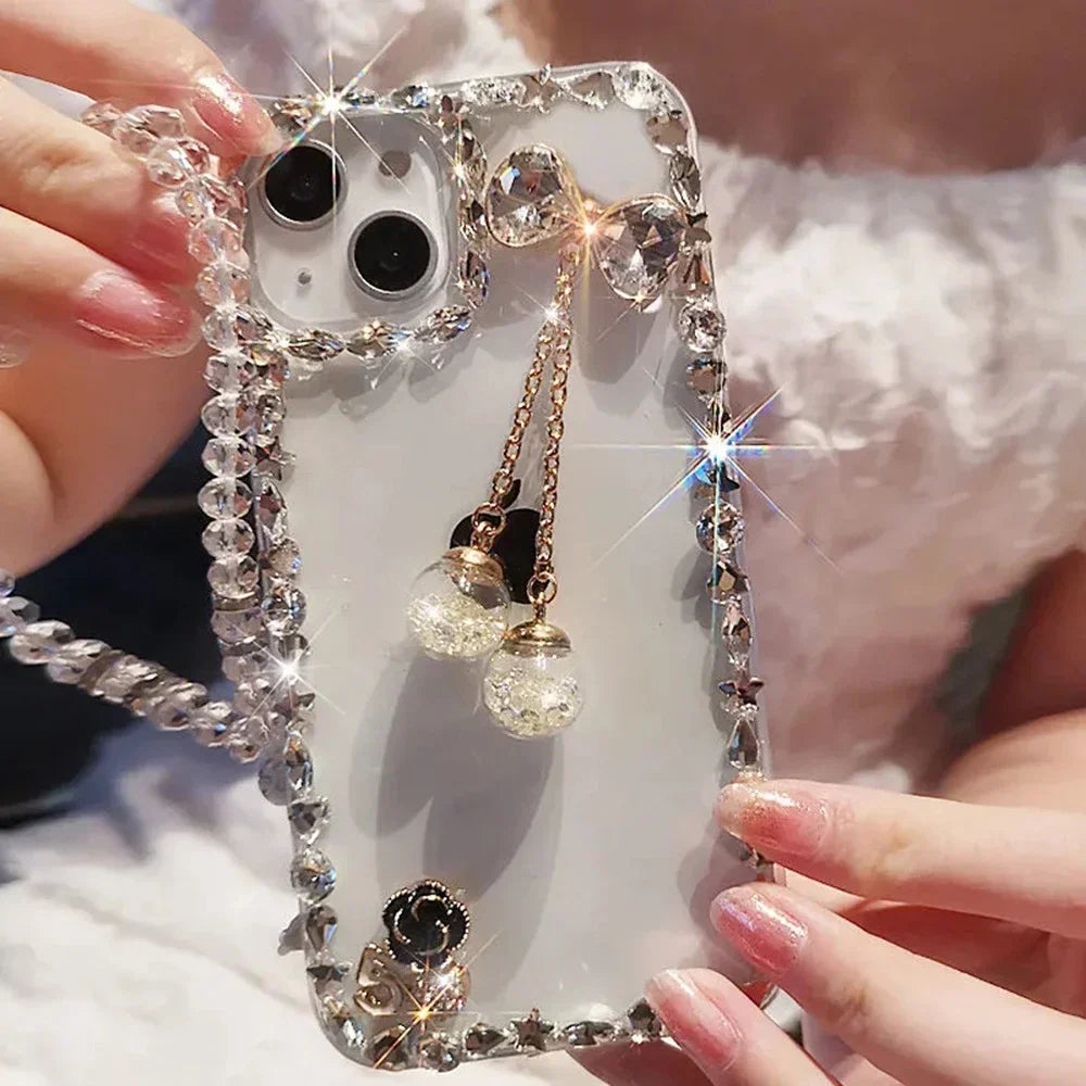 Transparent Case for iPhone16, 15, 14, 13, 12 17 Air Bowknot with Hand Chain, Camera Lens Frame, Glitter Diamond, Luxury