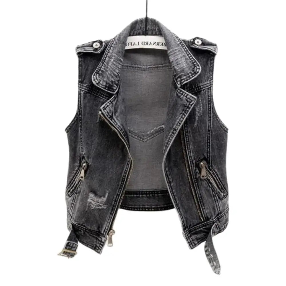 Denim Vest Women Spring Autumn Sleeveless Tops Short Jacket Splicing Outerwear Teens Gray Coat Ripped Loose Casual Waistcoats