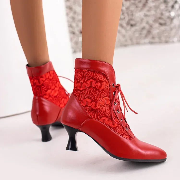 Women Victorian Ankle Boots Leather Lace Heel Shoes for women  Fashion Lace Up Spliced Ladies High Heels Woman Boots Ankle 46