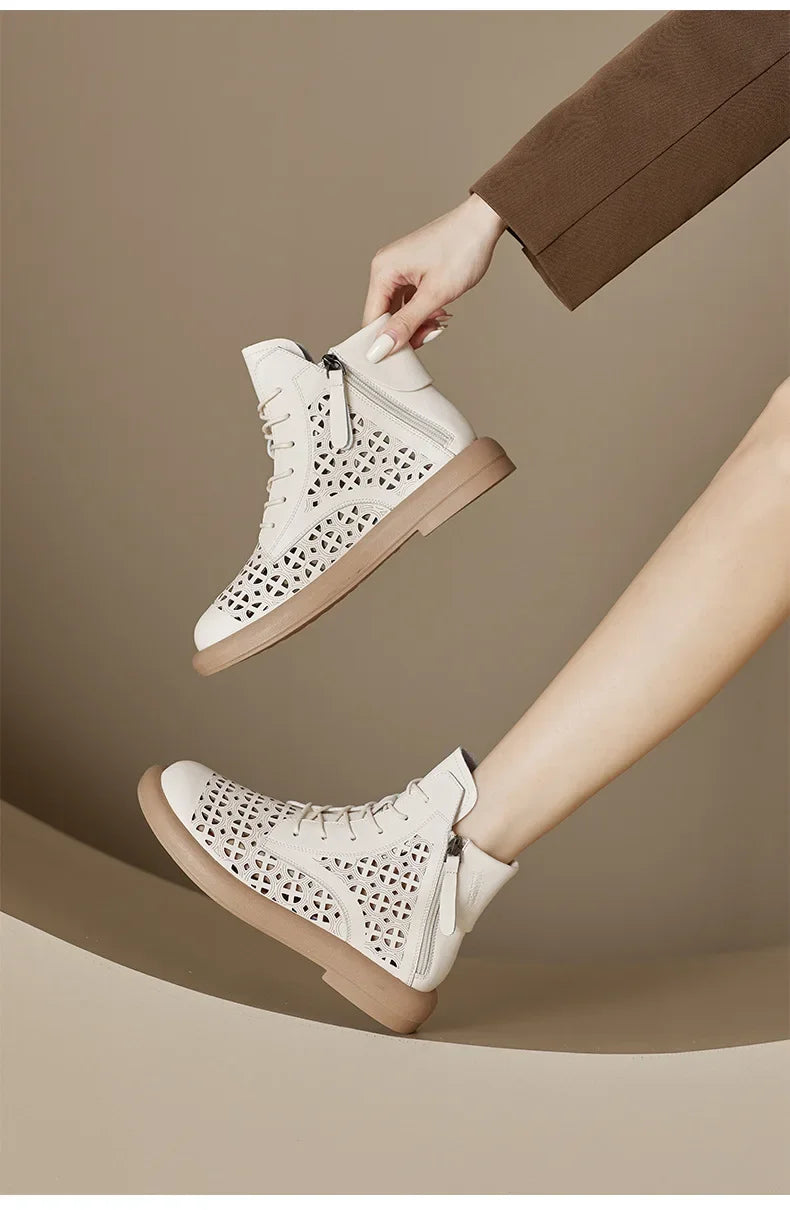 Leather Boots Woman 2025 Retro Leather Hollow Boots for Women Platform-soled Double-side Zipper Casual Short Boots Women's Shoes