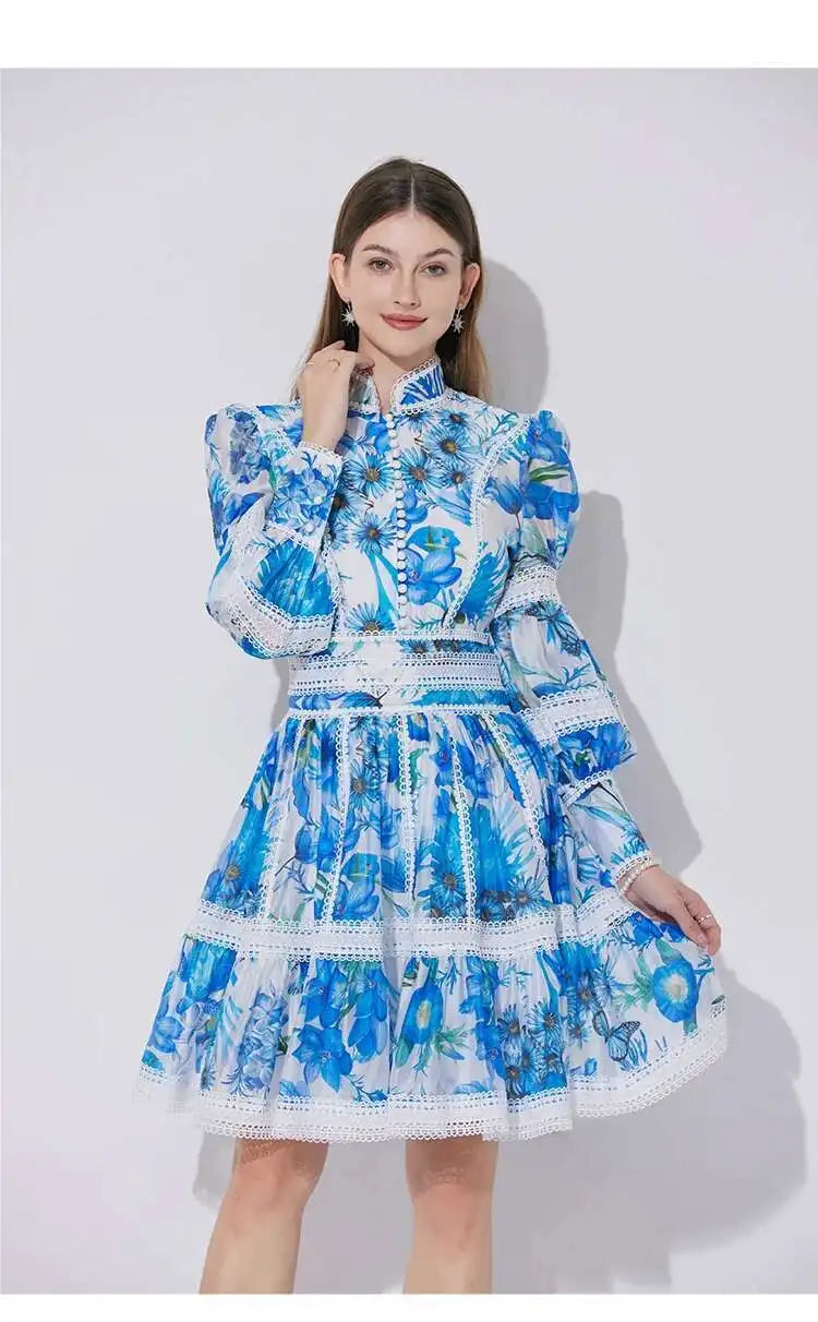 Elegant Long Sleeve Floral Short Dresses Shirt For Women Summer Autumn Holiday Hollow Out Printed Party Dress