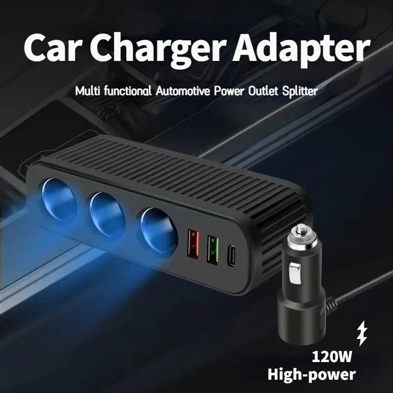 PD 120W Fast Charger 12V/24V Dual USB Quick Charge Power Adapter Charger One-to-four Multifunctional Socket Car Charger