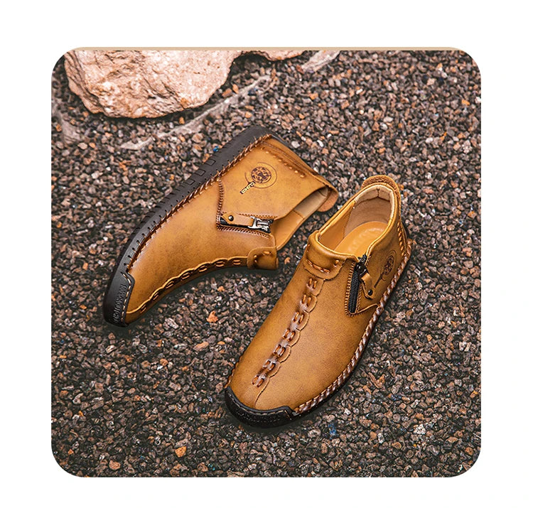 CLOHOO Hand-Sewn High-Top Men's Casual Shoes Comfortable Business Boots Solid Color Office Boots with Zipper