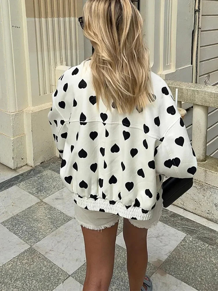 Autumn Female Commuting Streetwear Elegant Black Polka Hearts Bomber Jacket Women Fashion Long Sleeve Flips Pocket Zipper Coat
