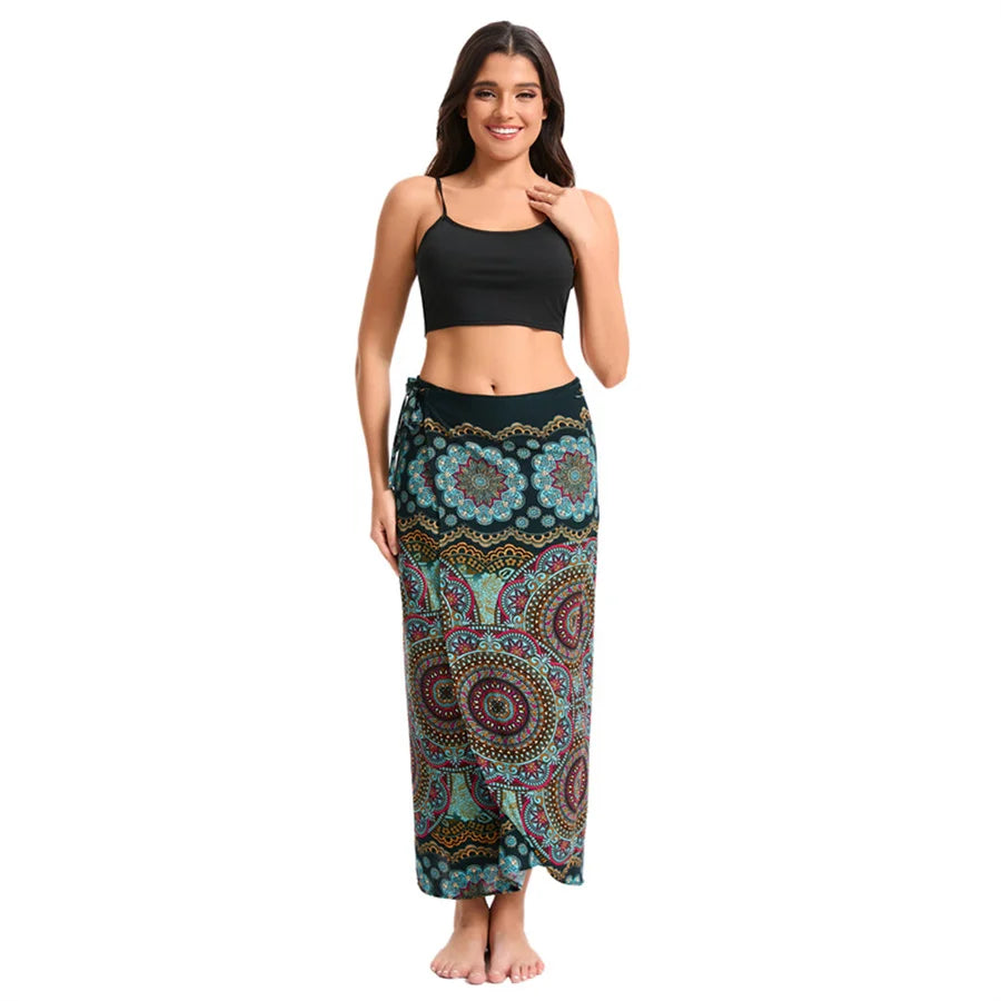 Women’s Boho Maxi Wrap Long Skirt Tie Up Beach Cover Up Dress Vintage Bohemian Adjustable High Waisted Holiday Rayon Dress
