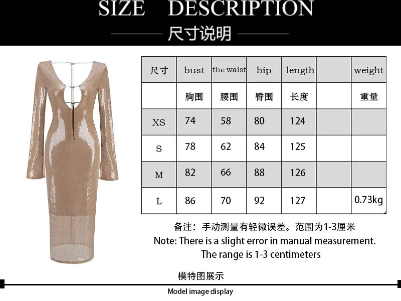 Luxury celebrity vacation photography nightclub evening gown sexy solid color sequin banquet long sleeved dress