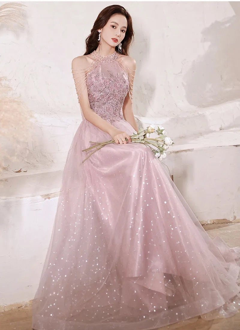 Luxury High Quality Pink Evening Dress 2025  For Prom Summer Autumn Temperament Socialite Senior Party Dress For Women