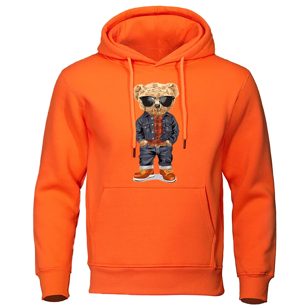 Funny Pose Teddy Bear Prints Men Hoodie Loose Pocket Hoody Autumn Oversize Sweatshirt Fashion Casual Fleece Pullover Unisex