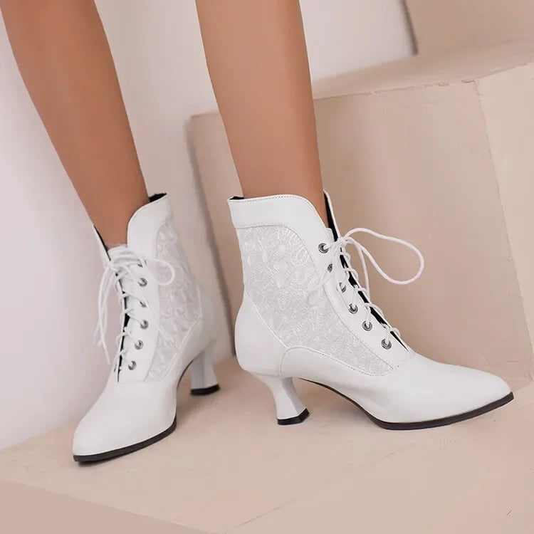 Women Victorian Ankle Boots Leather Lace Heel Shoes for women  Fashion Lace Up Spliced Ladies High Heels Woman Boots Ankle 46