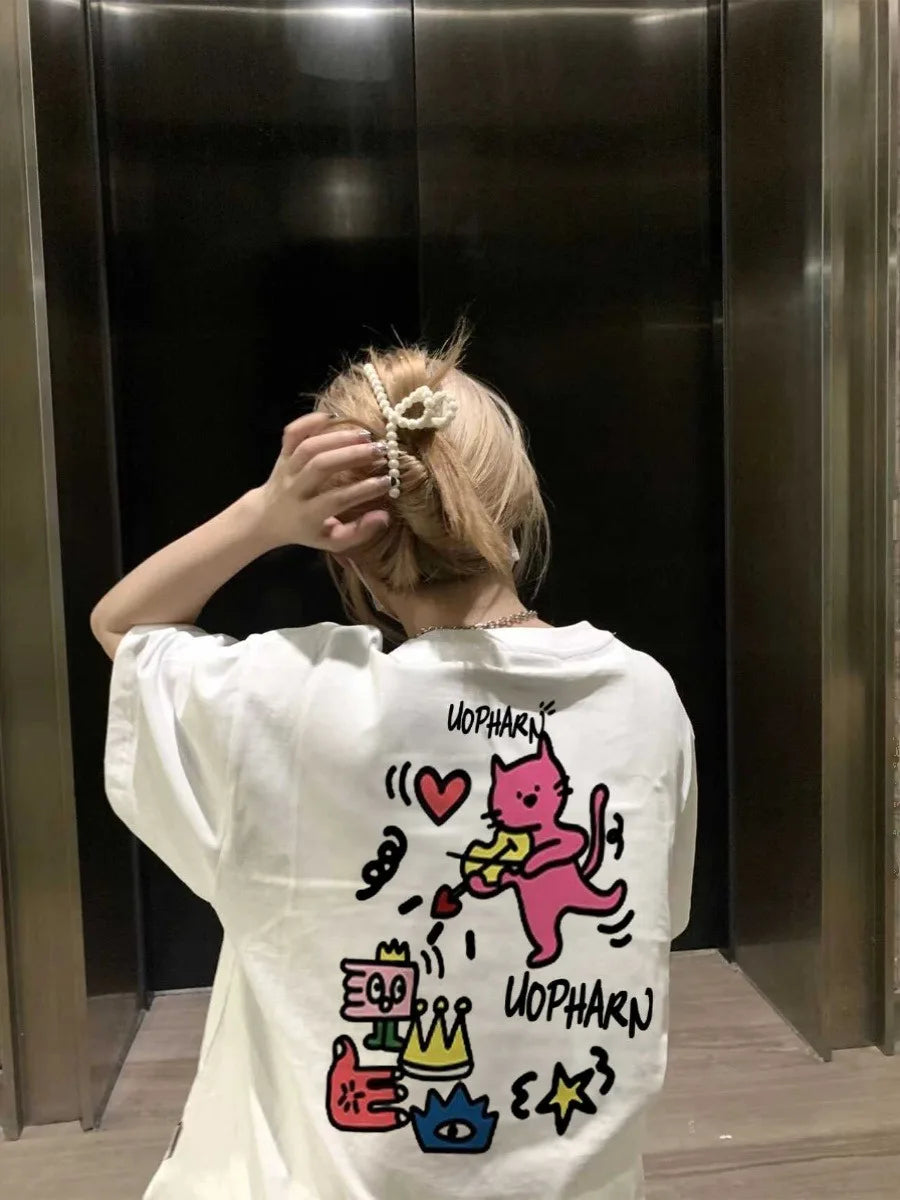 ins Cute Cartoon Print T-shirt Women's Summer 2025 New 100% Cotton Short sleeves American style T-shirt Y2k Top Female clothing