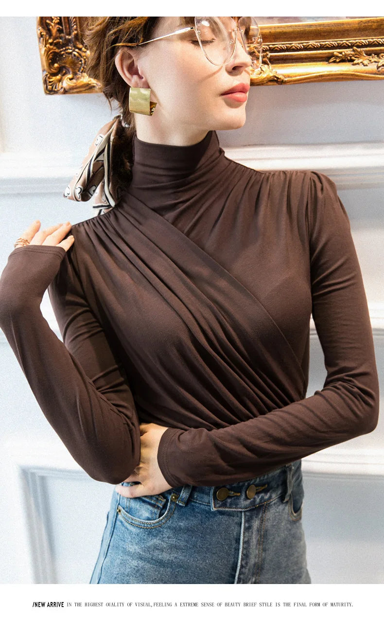 EVNISI Women Casual Thickening Warm Shirt Elegant Office Long Sleeved T-shirt Mock Neck Women Bottoming Tops 2024 Autumn Winter