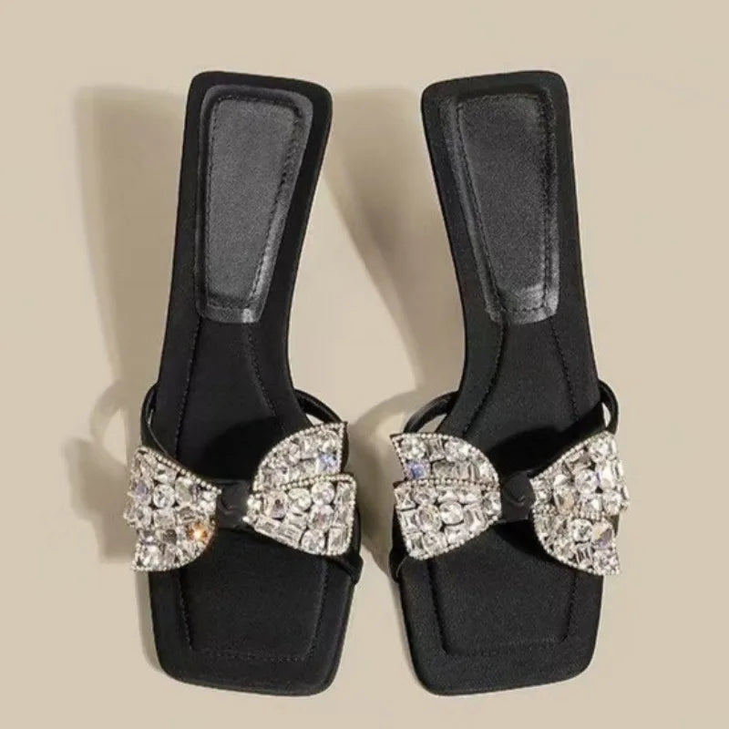Summer New Stiletto Sandals Square Head Open Toe Sequin Butterfly Knot Thin Strap Anti-slip Wear-resistant High-heeled Slippers