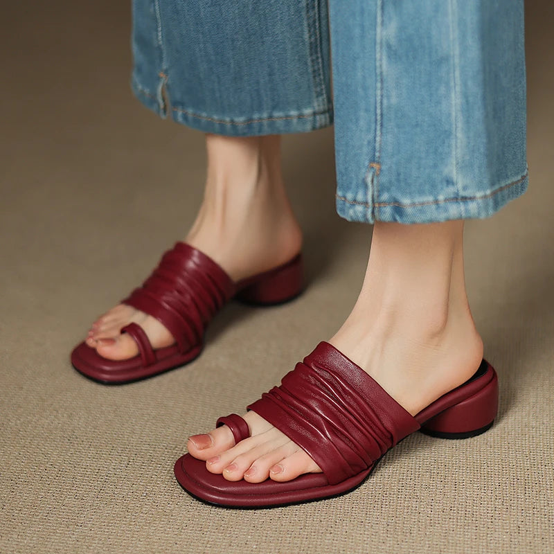 2025 NEW Summer Women Mules Genuine Leather Shoes for Women Open Toe Med Heel Shoes Slippers Pleated Modern Sandals
