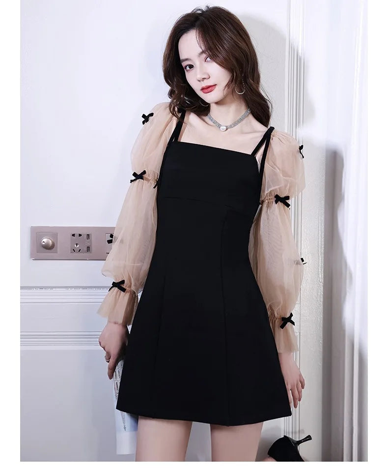 Flare Sleeve Evening Dress for Women Black Elegant Bow Mesh Patchwork Luxury Temperament Famous Lady Aesthetic Платье Женское