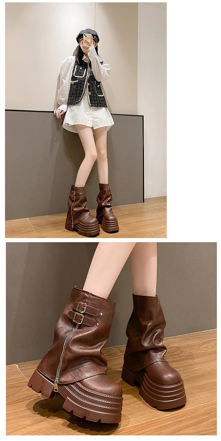 10CM Winter Warm Chunky Short Boots Women High Heels New Mid Calf Leather Sneakers Trend Buckle Motorcycle Boots Fur Snow Shoes