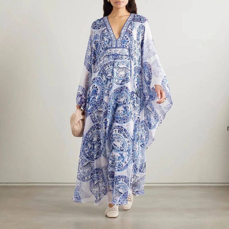 Vintage Printed Batwing Sleeve Robe Dress Woman Elegant V Neck Long Irregular Dress 2025 Spring Tie-up Loose Bohemian Maxi Dress