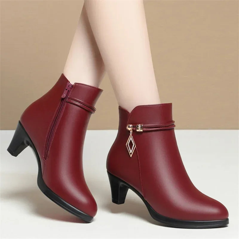 Comfort Fashion Soft Leather Winter Shoes Platform Boots 2024 Elegant Black Block High Heels Ankle Office Mom Boots