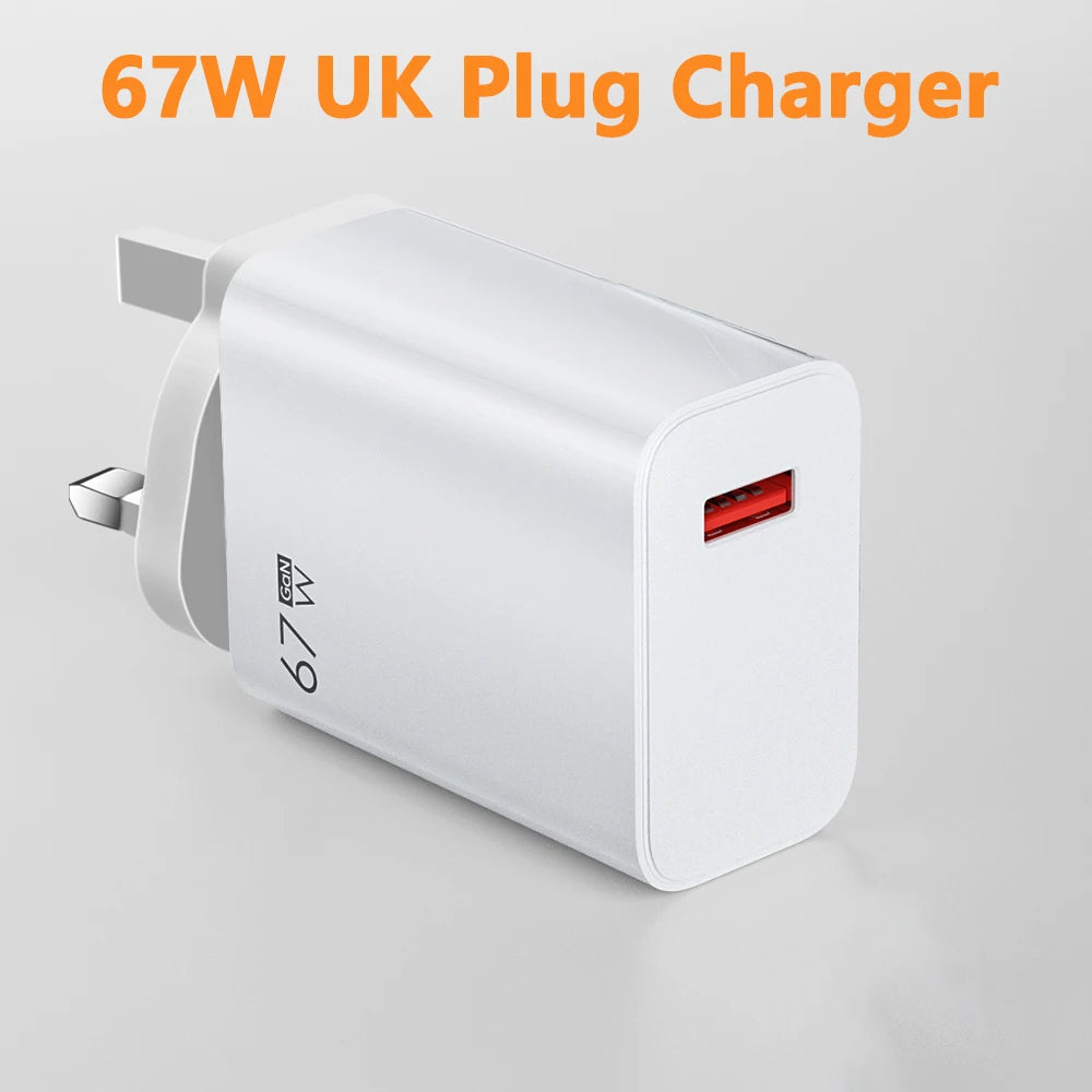 67W USB GaN Charger Fast Charge Mobile Phone Adapter Type C Cable For iPhone Samsung Xiaomi EU/US/UK Plug Portable Wall Charger