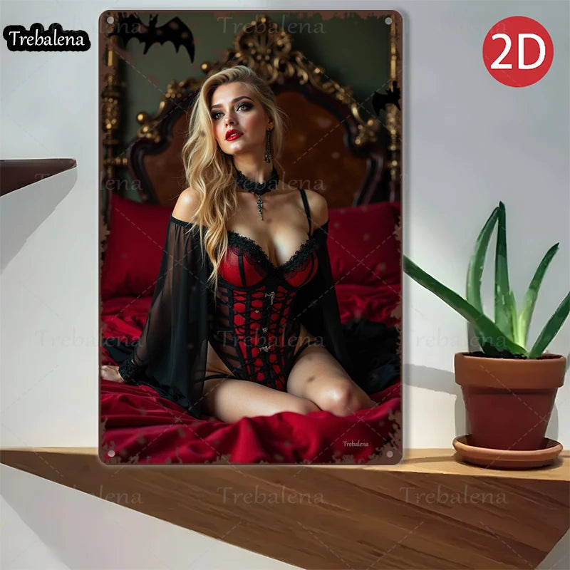 1PC 2D Flat 8*12inch Metal Sign Gothic Glamour Woman on Throne Art Decor Panel