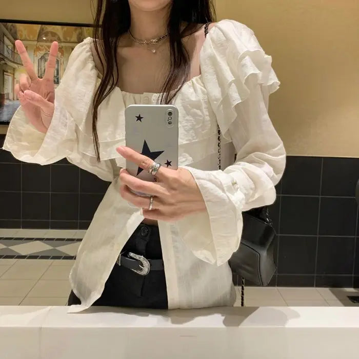Ruffles Shirts Women Flare Sleeve Simple Fashion Slash Neck Ulzzang Solid Spring All-match Slim Casual Streetwear Cozy Female