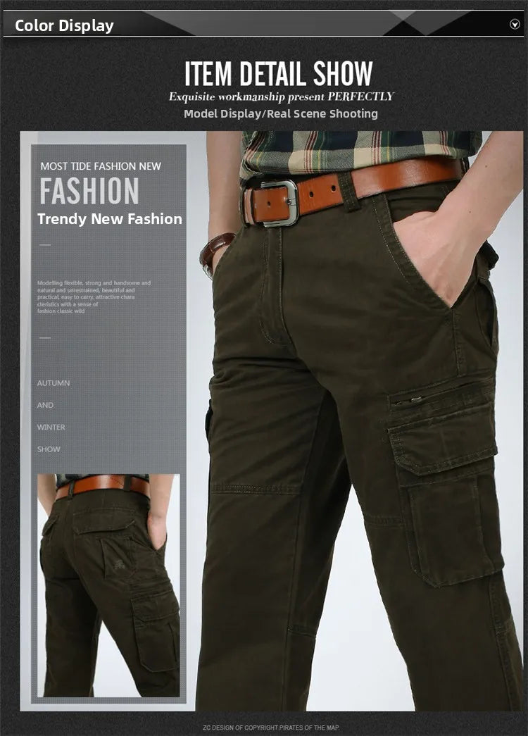 Loose Fit Men's Casual Cotton Work Trousers Outdoor Leisure Pants Multi ket Straight Leg Long Trousers Wear Resistant