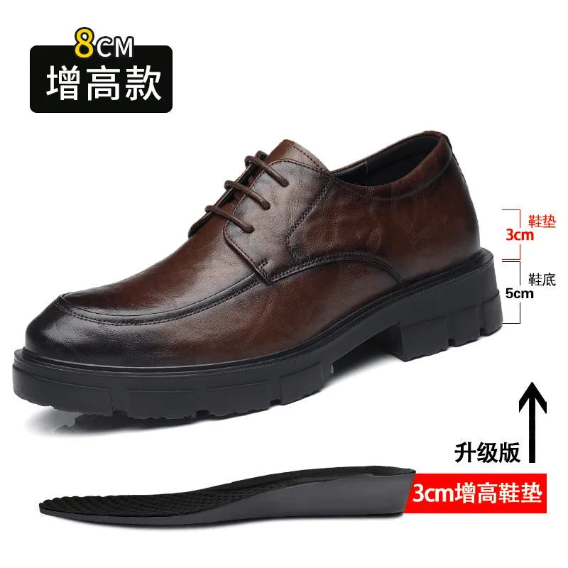 5 8 10 Cm Heel Leather Men's Dress Shoes Fashion Casual New Designer Cowhide Lace-up Platform Wedding Shoes for Man