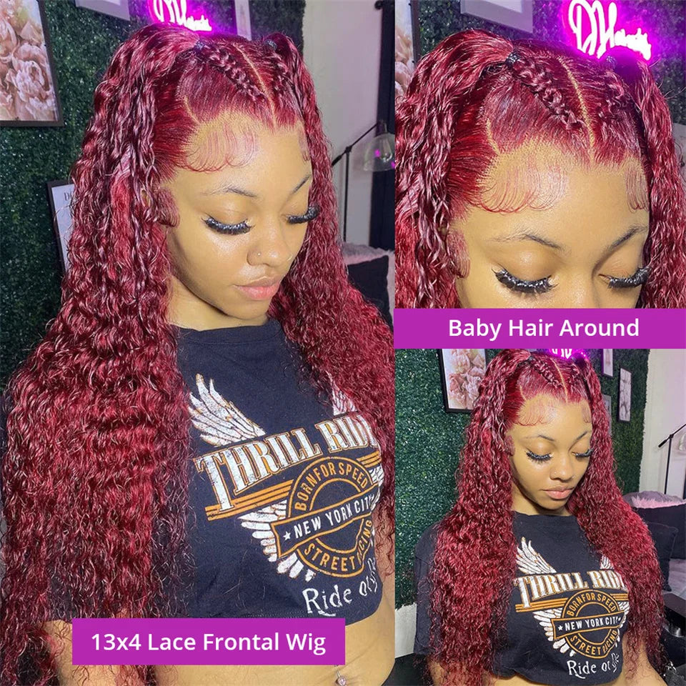 40Inch 99J Burgundy Water Curly 13x4 Glueless Lace Frontal Wig 250% Deep Wave HD Transparent Lace Front Wig Human Hair For Women