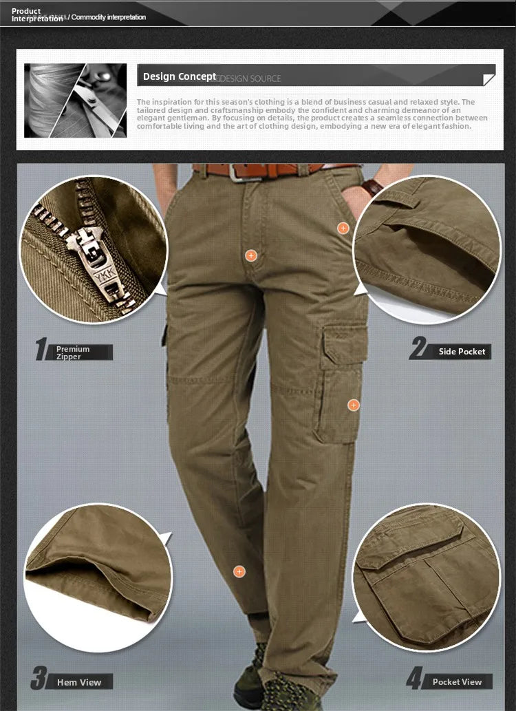 Loose Fit Men's Casual Cotton Work Trousers Outdoor Leisure Pants Multi ket Straight Leg Long Trousers Wear Resistant