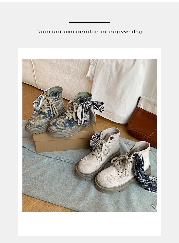 Women's Boots  New Thick Sole Breathable Ribbon Strap Short Boots Anti Slip Lace-up Height Increasing Fashion Boots