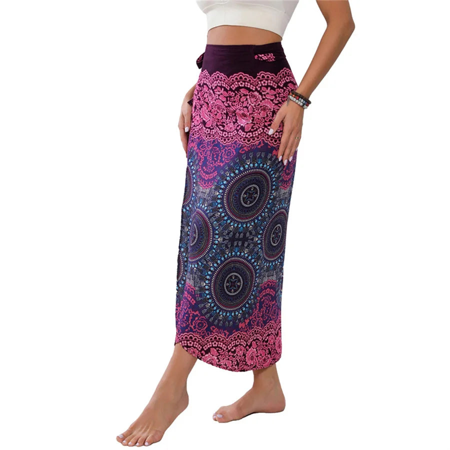 Women’s Boho Maxi Wrap Long Skirt Tie Up Beach Cover Up Dress Vintage Bohemian Adjustable High Waisted Holiday Rayon Dress