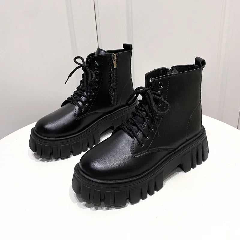 2024 White New Women Ankle Boots  Autumn Winter Platform Zipper Women Punk Boots Thick Sole Lace Up Combat Booties Female Mujer