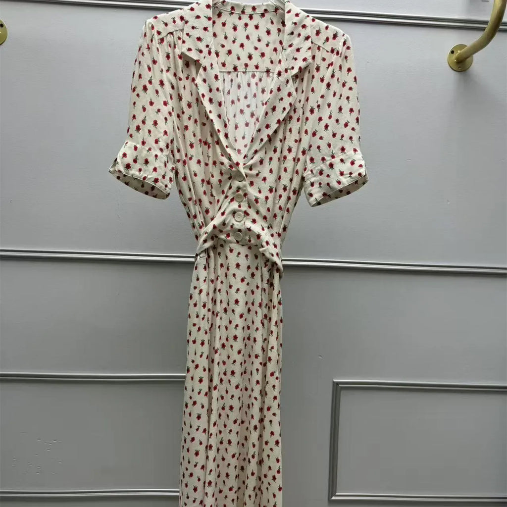 Women's Rose Printed Dress Prairie Chic Spring Summer Lady Short Sleeve Turn-Down Collar Waist Lace-Up Robe