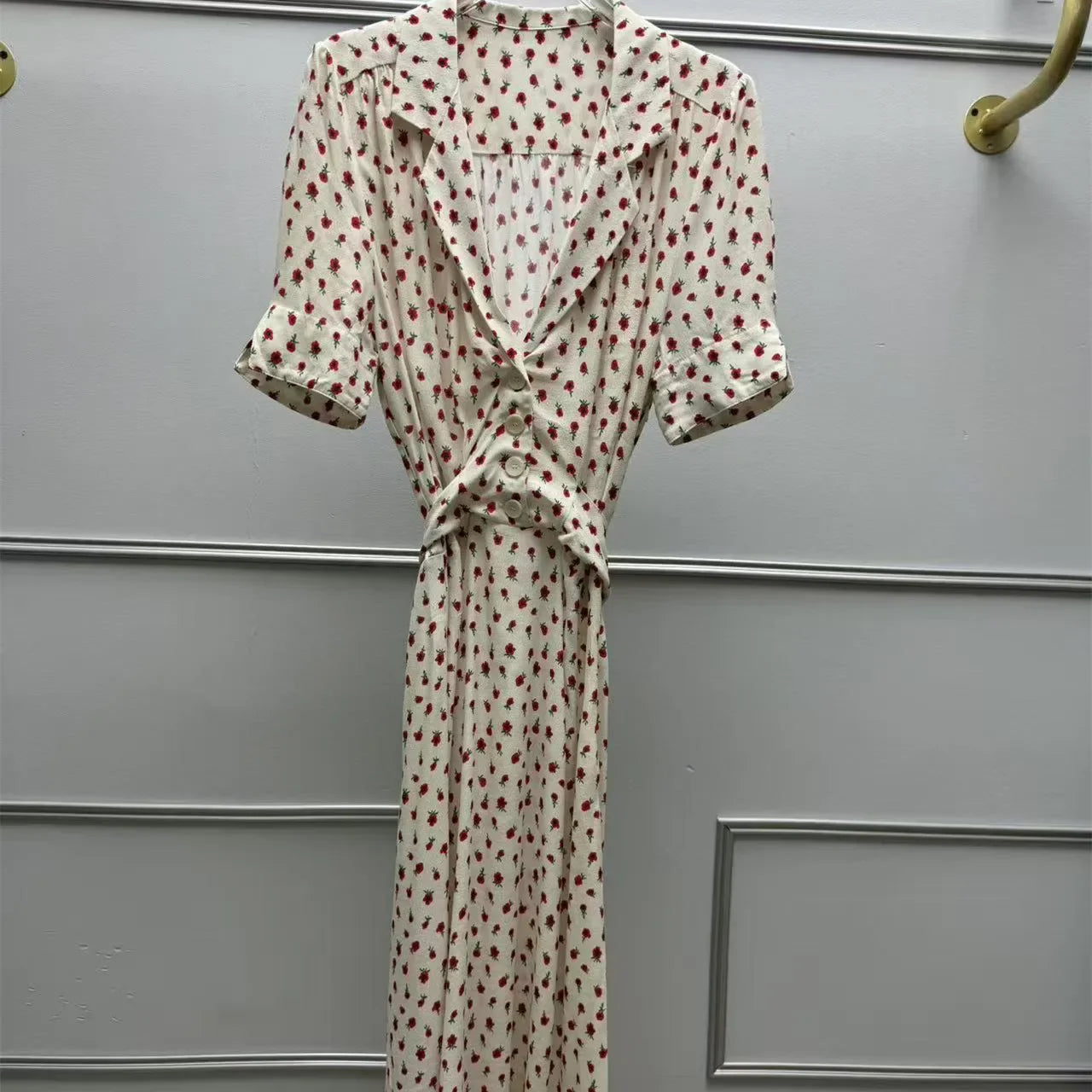 Women's Rose Printed Dress Prairie Chic Spring Summer Lady Short Sleeve Turn-Down Collar Waist Lace-Up Robe