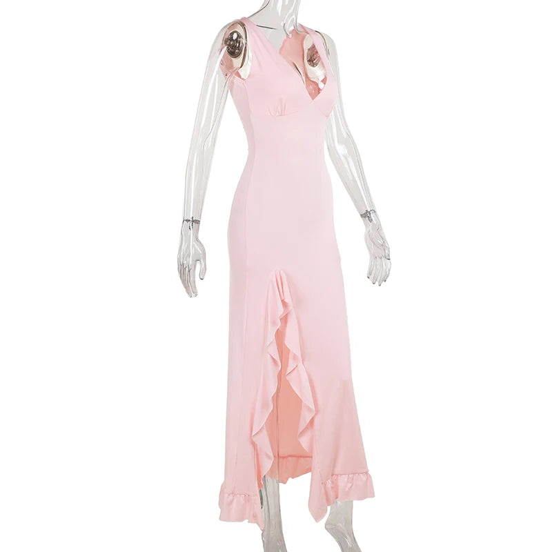 Mozision Elegant Sleeveless Ruffles Sexy Long Dress For Women Summer New Deep V Neck Backless Thigh High Split Maxi Dress