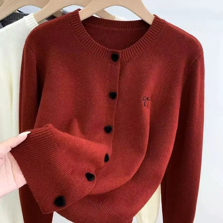 2025 Bow Embroidery O-Neck Single Breasted Heart-shaped Button Sweater Women Knitted Cardigan Korean Casual Solid Knitting Tops