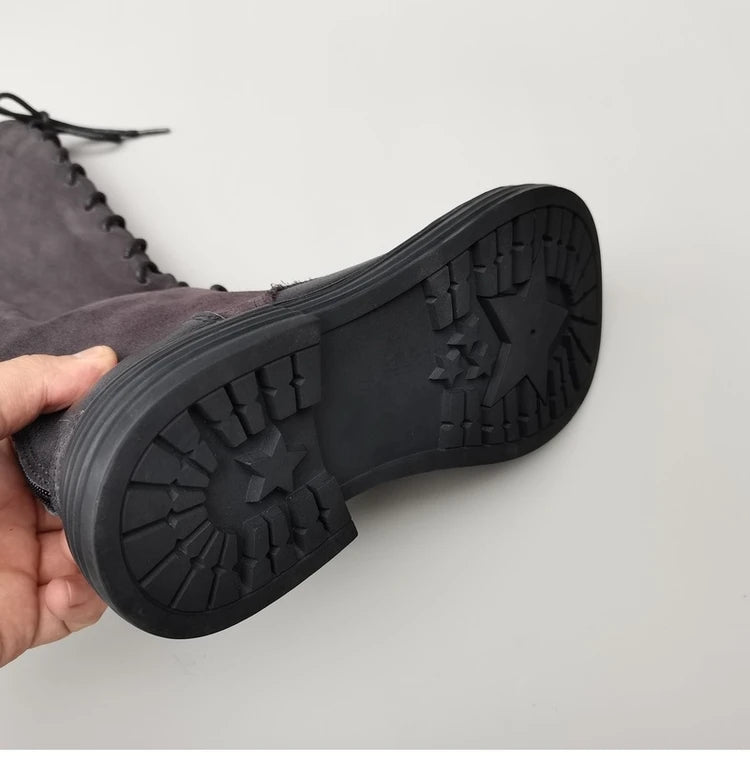 Autumn 2024 Shoes Long Noses Riding Boots Natural Leather Wide Toe Women's Boots Kne-High Cowhide Suede Single Lace-up booties